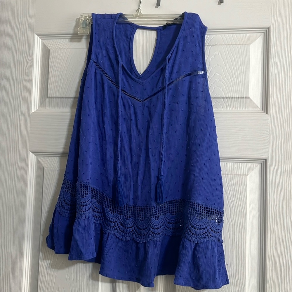 Flowy blouse, cerulean, lace and textured accents.